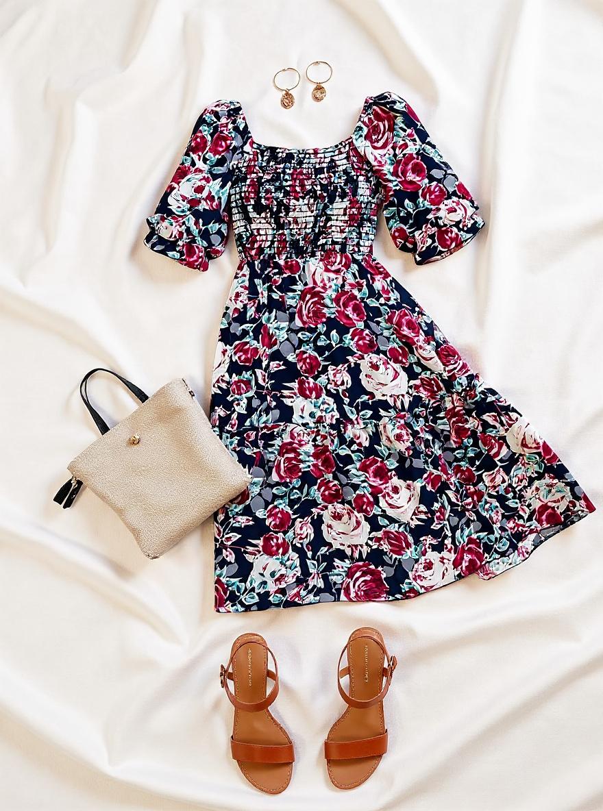 PRETTYGARDEN women's boho floral midi dress with puff sleeves and square neckline in [color], A-line silhouette for casual summer wear — view 7a