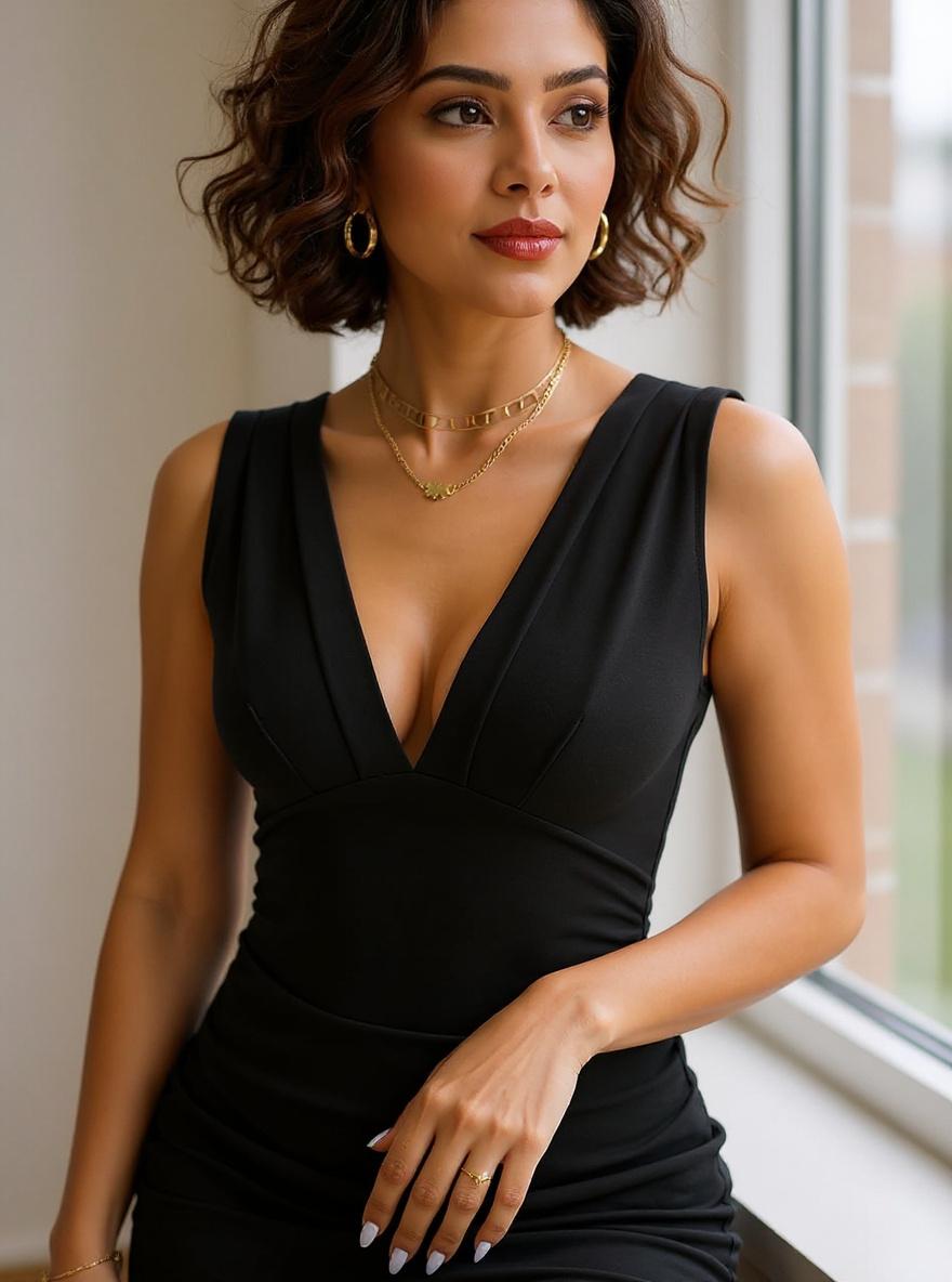 Sleeveless bodycon mini dress with deep V neckline and ruched sides in [color], styled for party and club wear — view 7b
