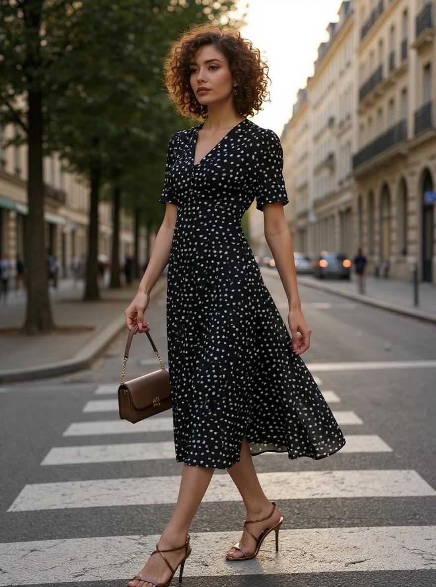 DKNY women's short sleeve button front fit and flare midi dress in [color], styled for work or casual occasions — view 3a