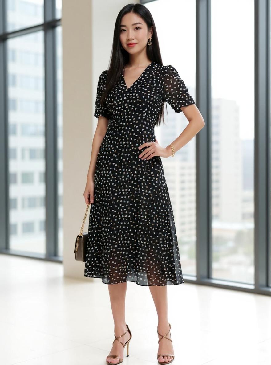 DKNY women's short sleeve button front fit and flare midi dress in [color], styled for work or casual occasions — view 5a