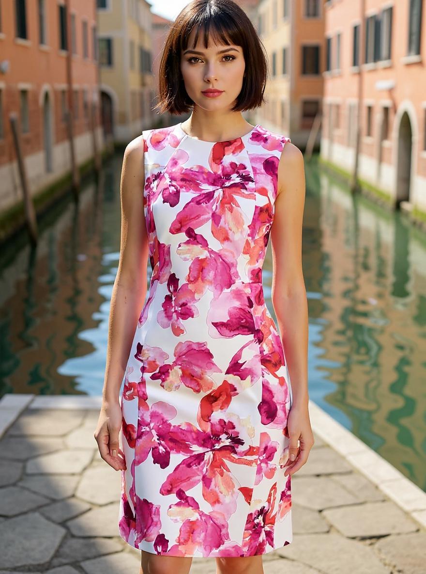 DKNY sleeveless jewel neck scuba crepe sheath dress in [color] for casual and date night wear — editorial hero