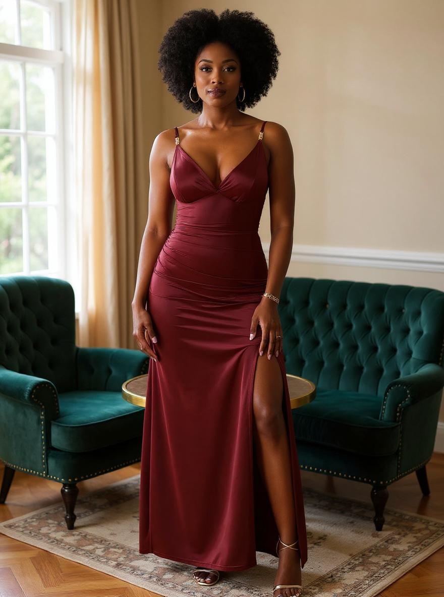 Popilush women's black maxi dress with deep V neckline and ruched shapewear detailing, featuring side slit for cocktail party wear — editorial hero