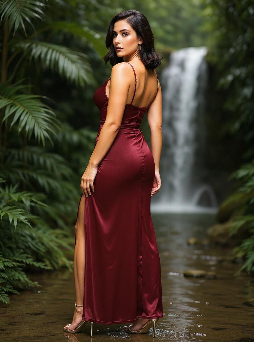 Popilush women's black maxi dress with deep V neckline and ruched shapewear detailing, featuring side slit for cocktail party wear — view 3b