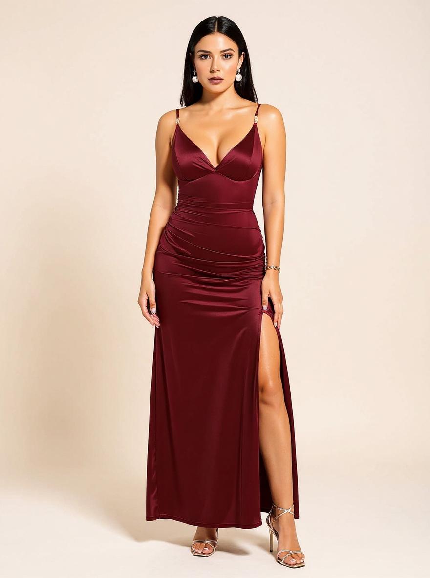 Popilush women's black maxi dress with deep V neckline and ruched shapewear detailing, featuring side slit for cocktail party wear — view 7a