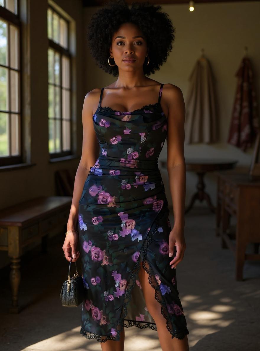 Popilush women's satin ruched midi dress in [color] with lace trim bra and shapewear corset, styled for date night and cocktail occasions — editorial hero