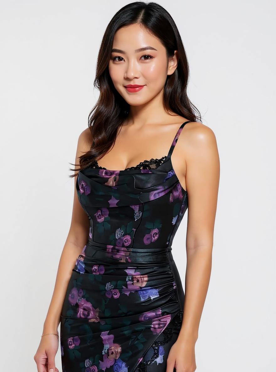 Popilush women's satin ruched midi dress in [color] with lace trim bra and shapewear corset, styled for date night and cocktail occasions — view 7b