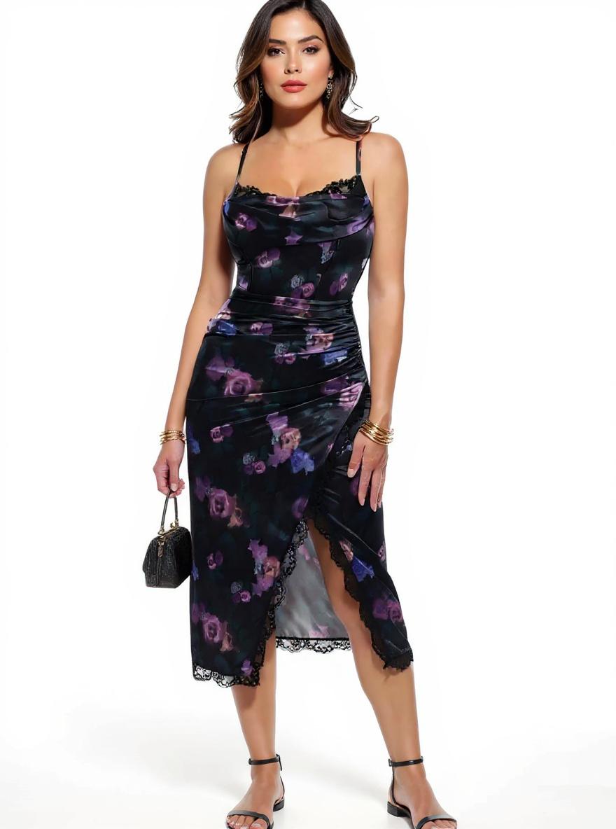 Popilush women's satin ruched midi dress in [color] with lace trim bra and shapewear corset, styled for date night and cocktail occasions — view 5a