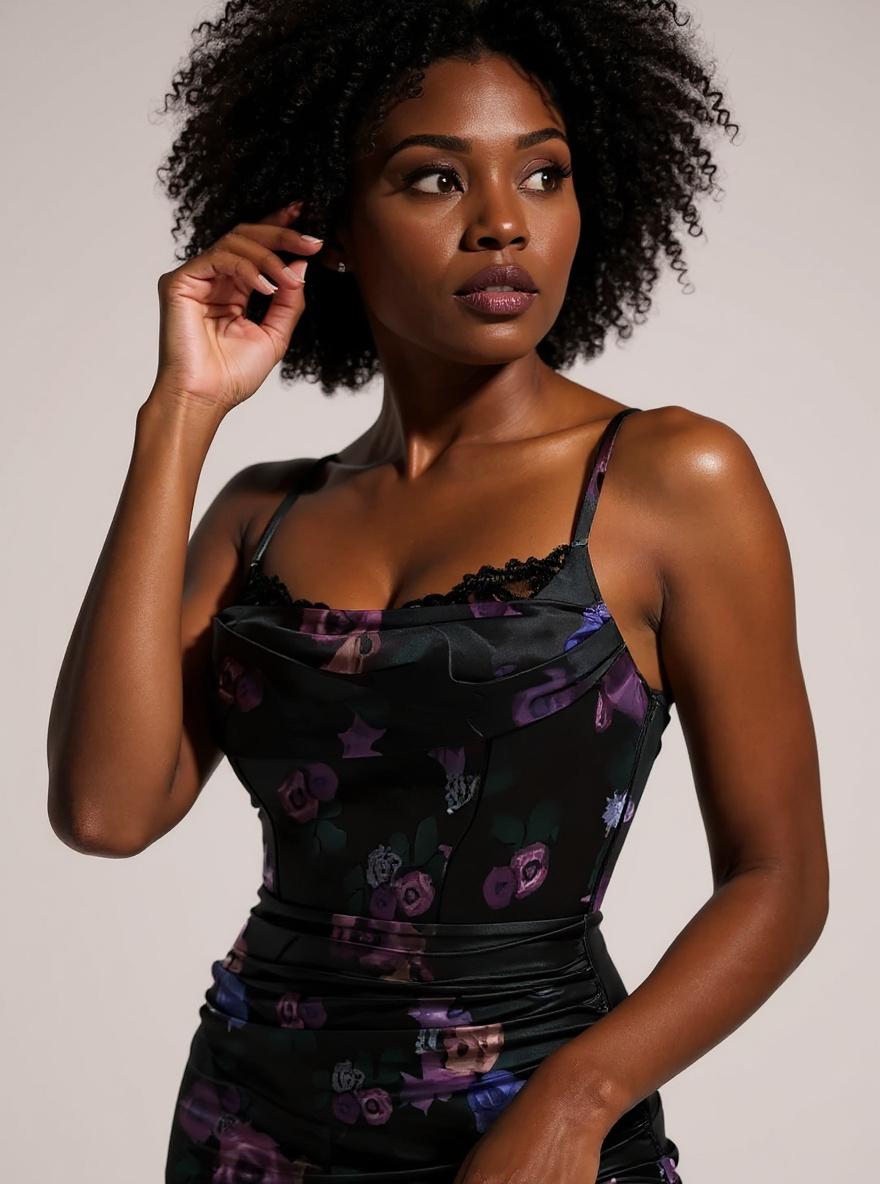 Popilush women's satin ruched midi dress in [color] with lace trim bra and shapewear corset, styled for date night and cocktail occasions — view 6