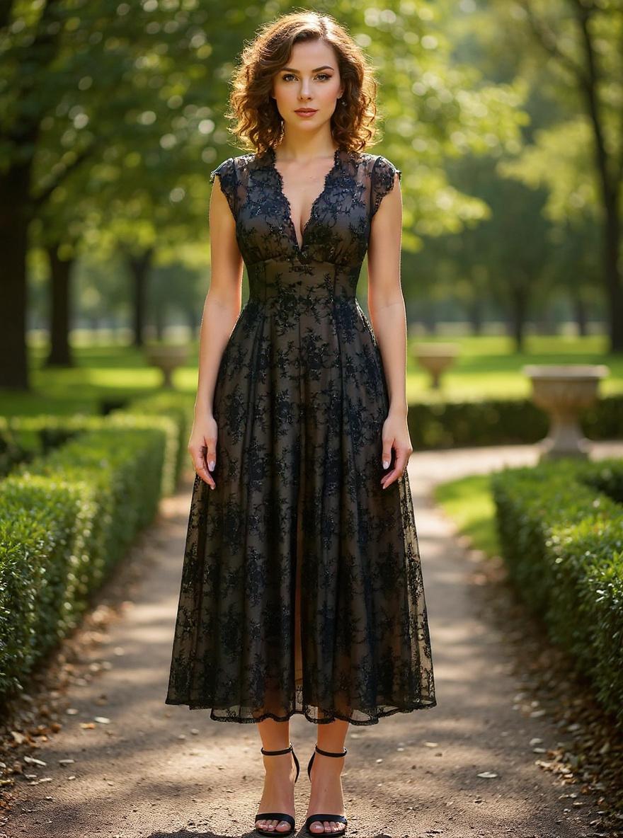Popilush women's sleeveless V-neck lace maxi dress in [color] with split detail and shapewear, styled for wedding guest or formal event — editorial hero