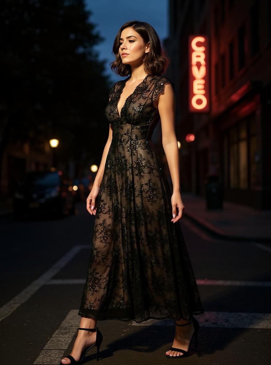 Popilush women's sleeveless V-neck lace maxi dress in [color] with split detail and shapewear, styled for wedding guest or formal event — view 5b