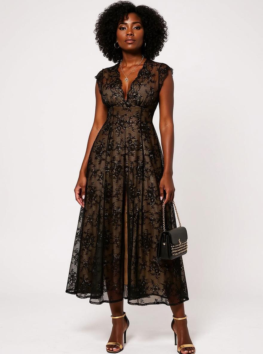 Popilush women's sleeveless V-neck lace maxi dress in [color] with split detail and shapewear, styled for wedding guest or formal event — view 5a