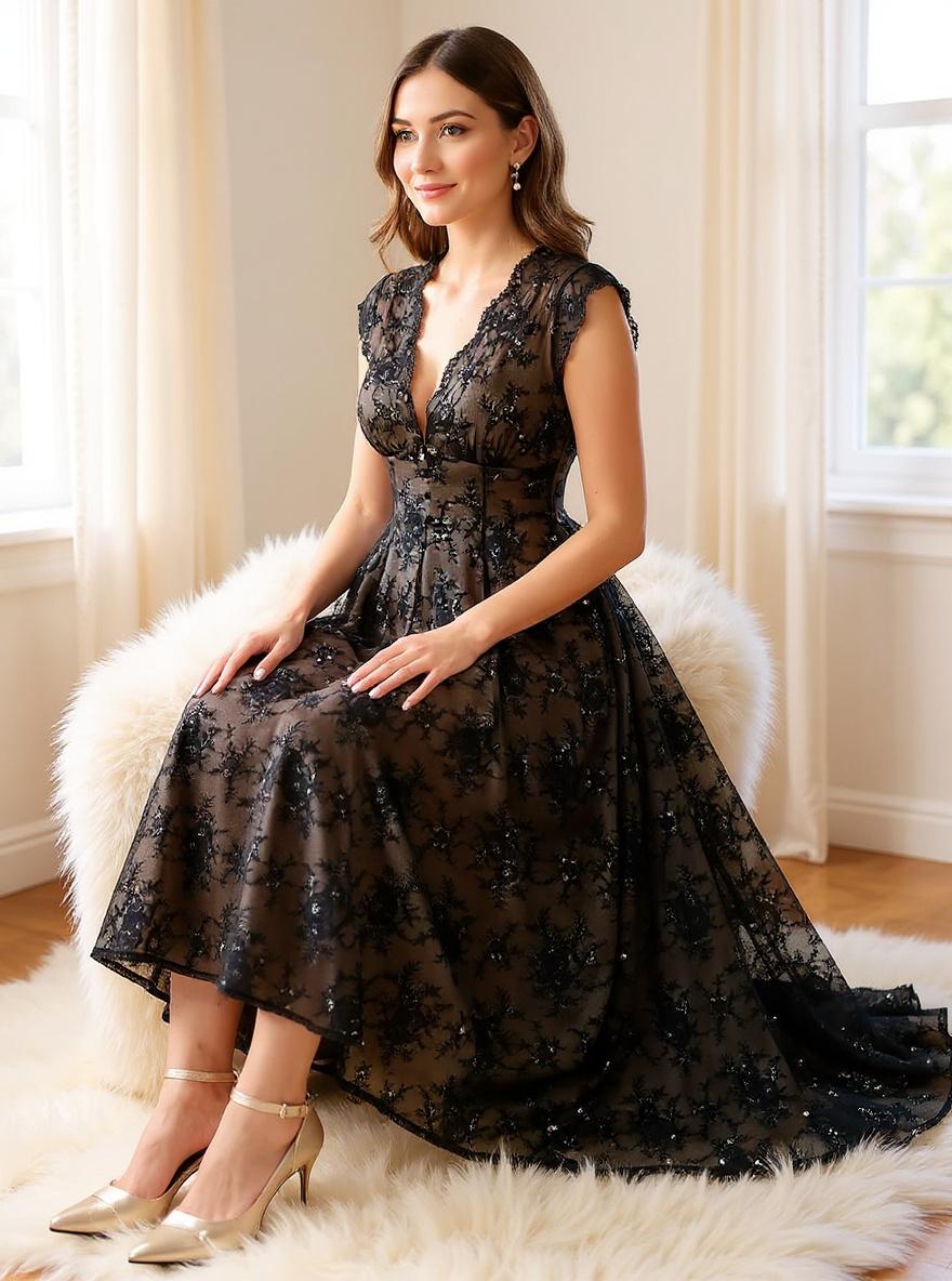 Popilush women's sleeveless V-neck lace maxi dress in [color] with split detail and shapewear, styled for wedding guest or formal event — view 7a
