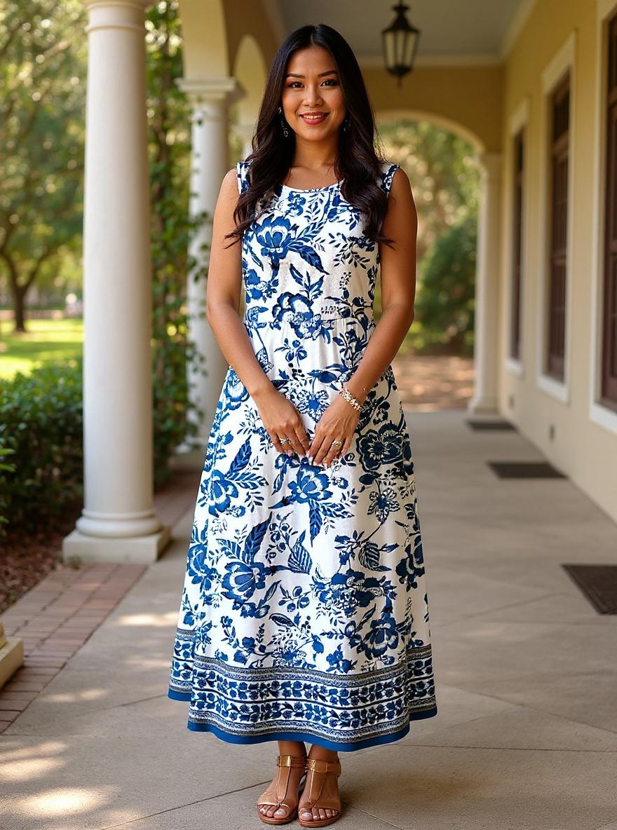 Sleeveless boho flowy maxi dress in [color] with A-line silhouette and pockets, worn on beach vacation — view 3b