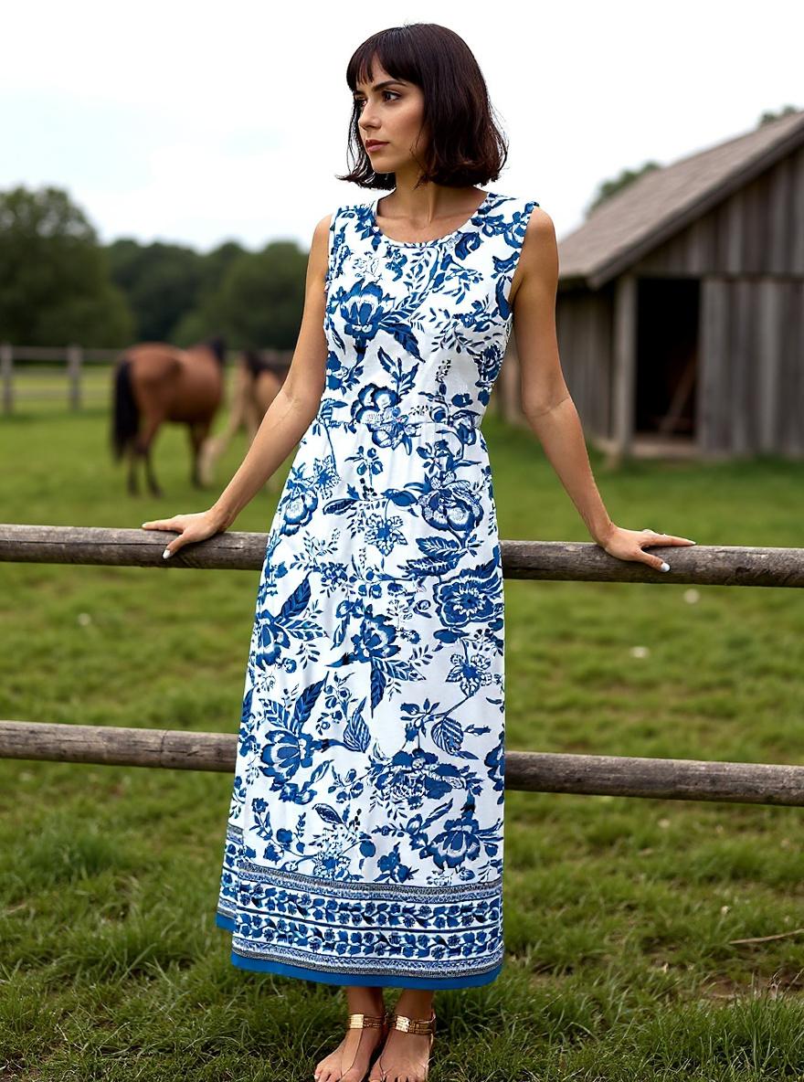 Sleeveless boho flowy maxi dress in [color] with A-line silhouette and pockets, worn on beach vacation — view 2