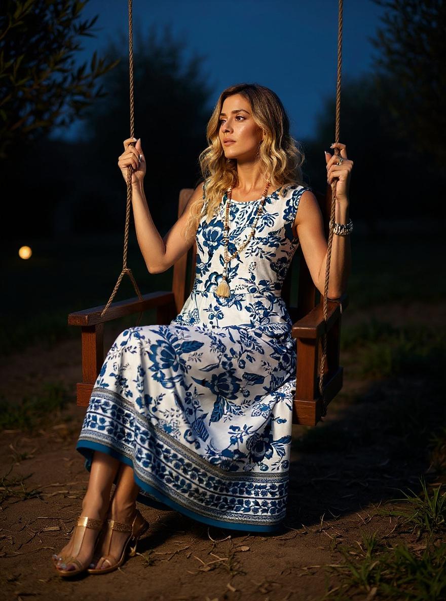 Sleeveless boho flowy maxi dress in [color] with A-line silhouette and pockets, worn on beach vacation — view 4