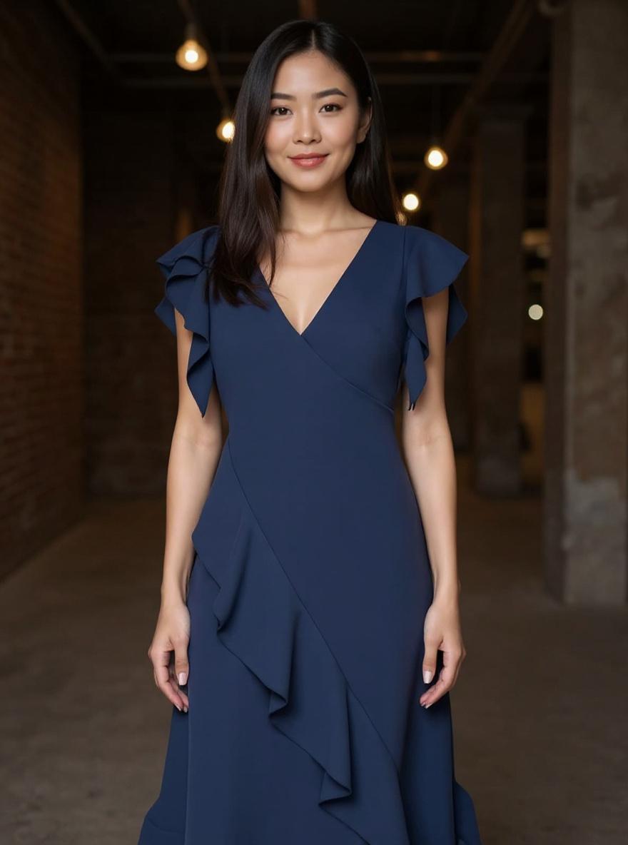 DKNY women's ruffle cap sleeve surplice neck fit and flare midi dress in [color], styled for [casual/work/date night] — editorial hero