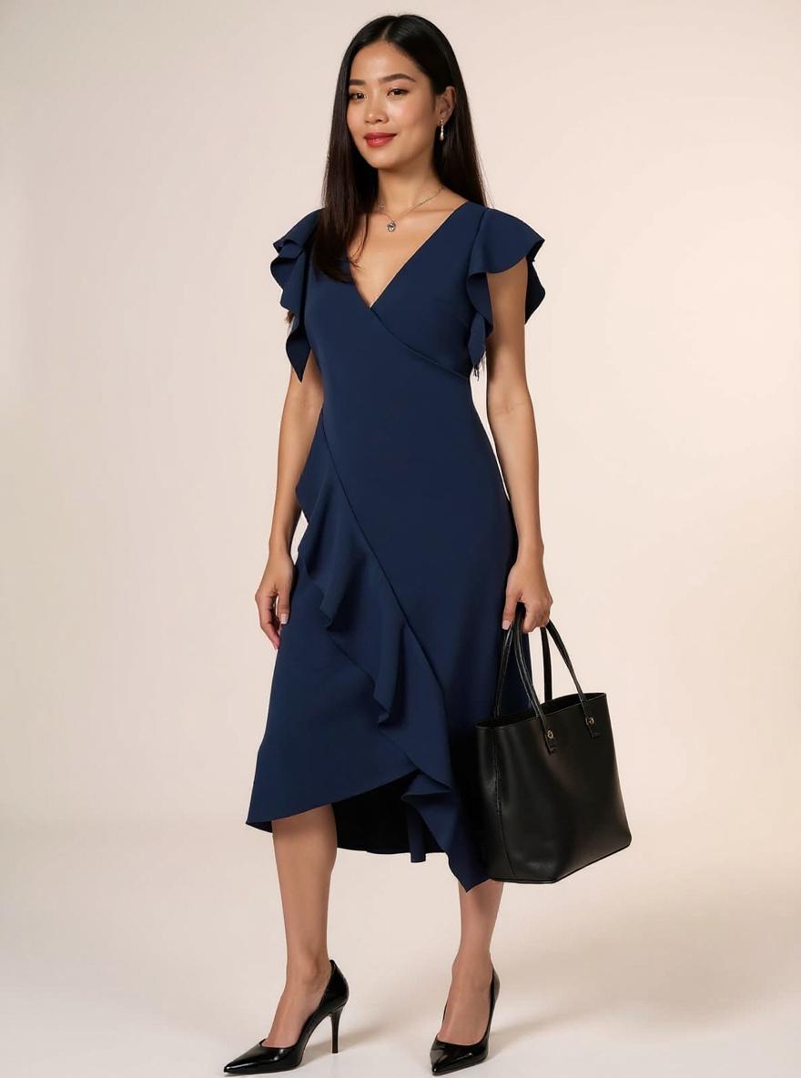 DKNY women's ruffle cap sleeve surplice neck fit and flare midi dress in [color], styled for [casual/work/date night] — view 5a