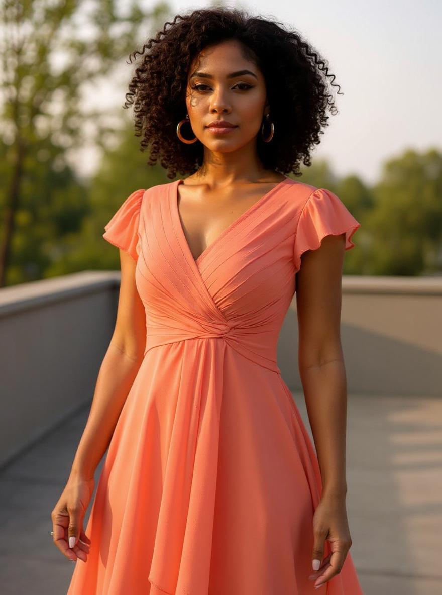 Short chiffon bridesmaid dress with V neckline and flutter sleeves in [color], styled for [wedding/formal event] — view 7b
