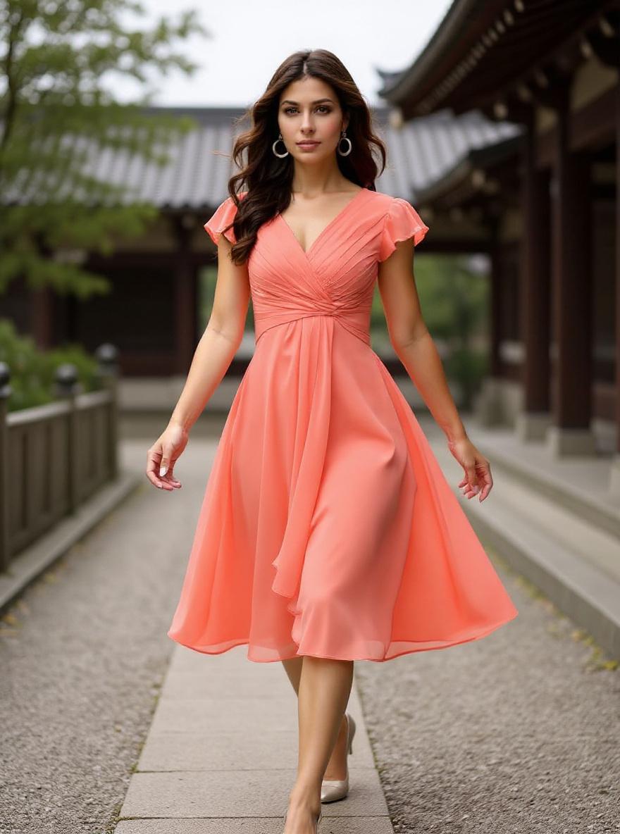 Short chiffon bridesmaid dress with V neckline and flutter sleeves in [color], styled for [wedding/formal event] — view 3a