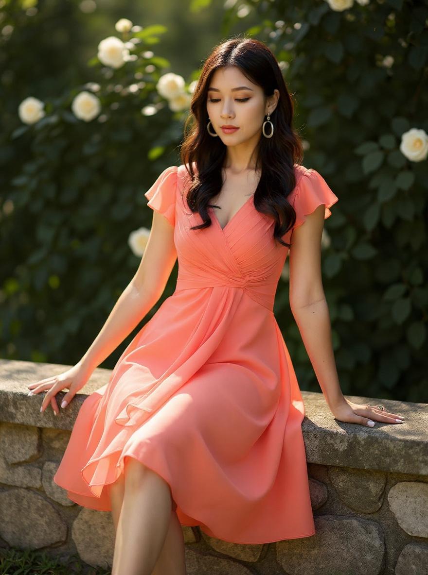 Short chiffon bridesmaid dress with V neckline and flutter sleeves in [color], styled for [wedding/formal event] — view 4