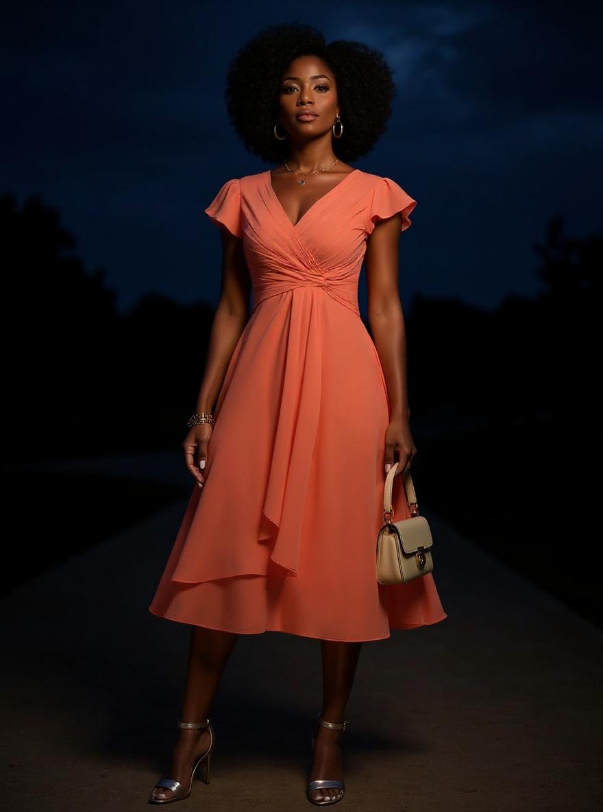 Short chiffon bridesmaid dress with V neckline and flutter sleeves in [color], styled for [wedding/formal event] — view 5a