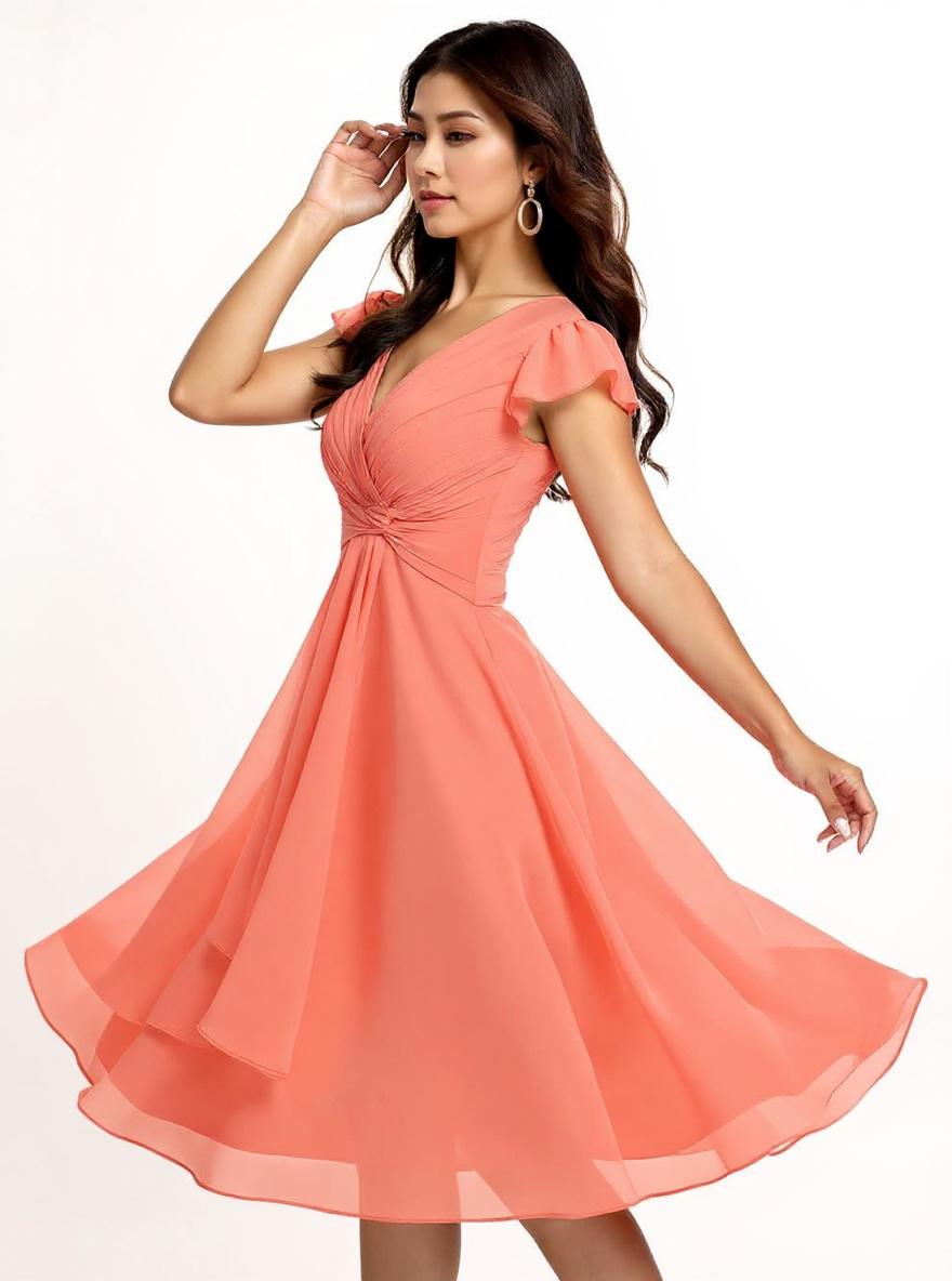 Short chiffon bridesmaid dress with V neckline and flutter sleeves in [color], styled for [wedding/formal event] — view 6