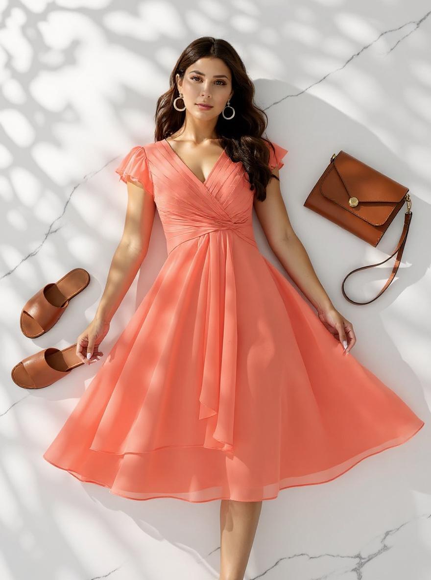 Short chiffon bridesmaid dress with V neckline and flutter sleeves in [color], styled for [wedding/formal event] — view 7a