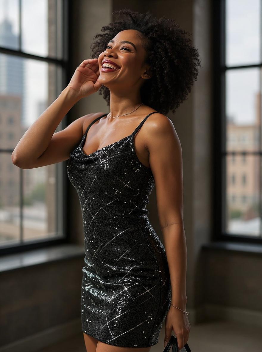 Popilush sequin mini dress in [color] with cowl neck and bodycon silhouette, styled for [party/cocktail occasion] — view 6