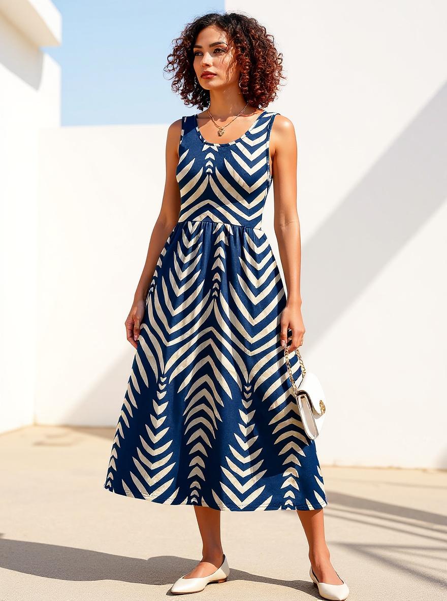 Boho flowy midi dress in [color] with pockets, styled for beach vacation casual wear — view 5a