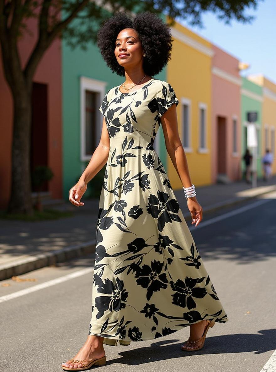 Cap sleeve crew neck maxi dress in [color] with pockets, styled for casual beach wear — view 3a