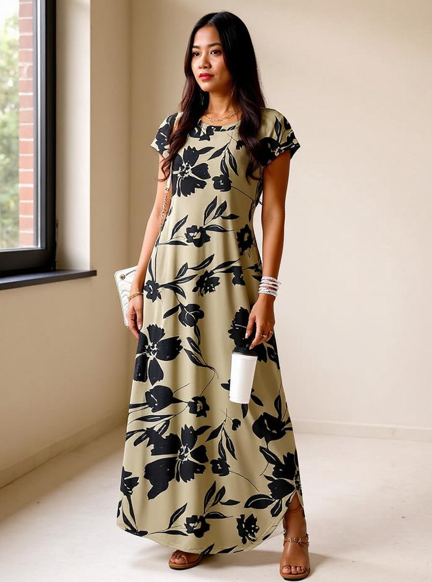 Cap sleeve crew neck maxi dress in [color] with pockets, styled for casual beach wear — view 5a