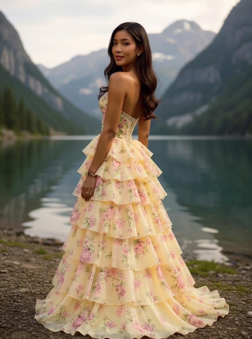 Romantic floral print tiered chiffon prom dress with sweetheart neckline and slit detail for formal events — view 3b