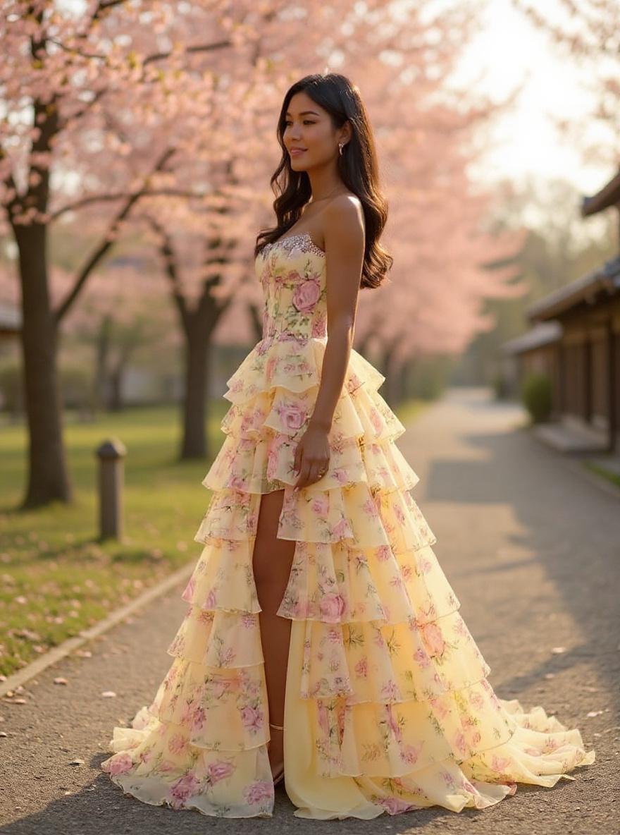 Romantic floral print tiered chiffon prom dress with sweetheart neckline and slit detail for formal events — view 5b