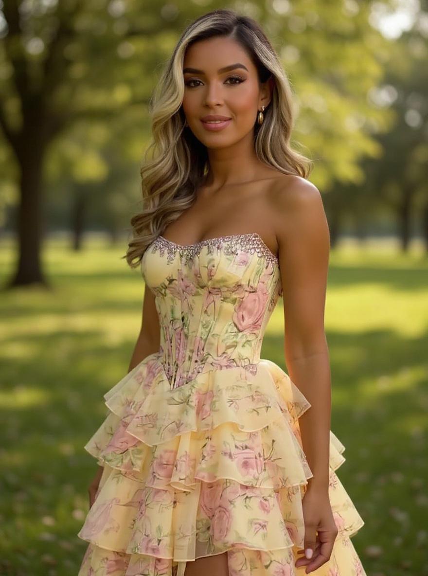 Romantic floral print tiered chiffon prom dress with sweetheart neckline and slit detail for formal events — view 7b