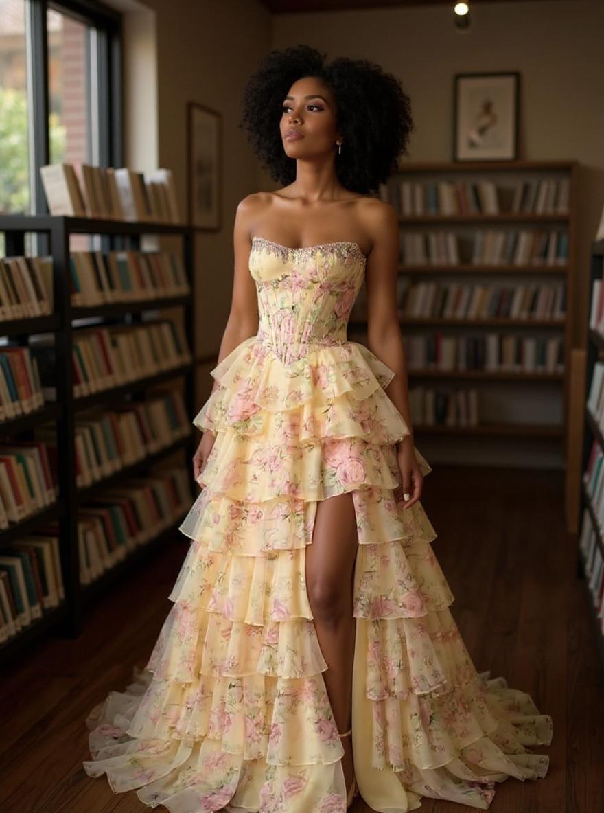 Romantic floral print tiered chiffon prom dress with sweetheart neckline and slit detail for formal events — view 2