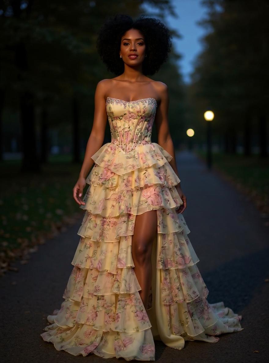 Romantic floral print tiered chiffon prom dress with sweetheart neckline and slit detail for formal events — view 3a
