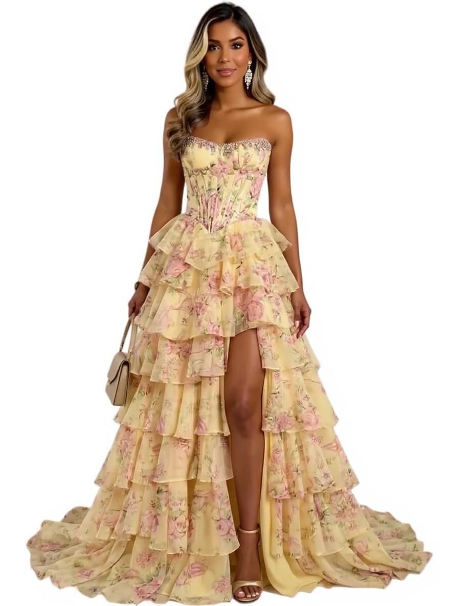 Romantic floral print tiered chiffon prom dress with sweetheart neckline and slit detail for formal events — view 5a