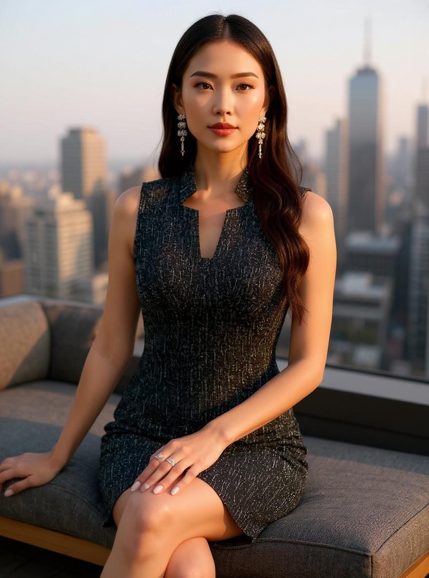 Women's sleeveless tweed pencil dress in [color] with V-neckline, showcasing bodycon fit for wedding guest events — view 4