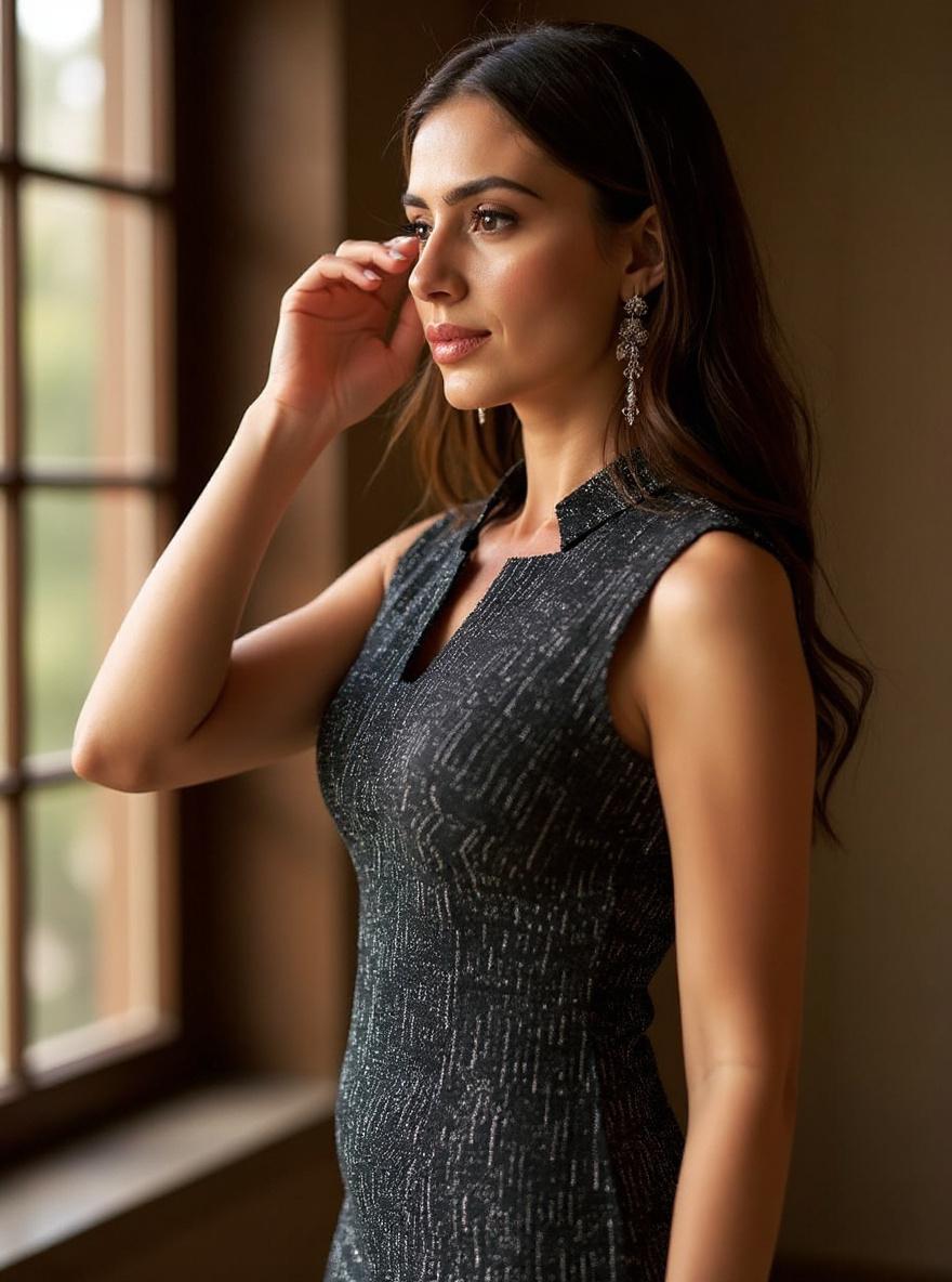 Women's sleeveless tweed pencil dress in [color] with V-neckline, showcasing bodycon fit for wedding guest events — view 6