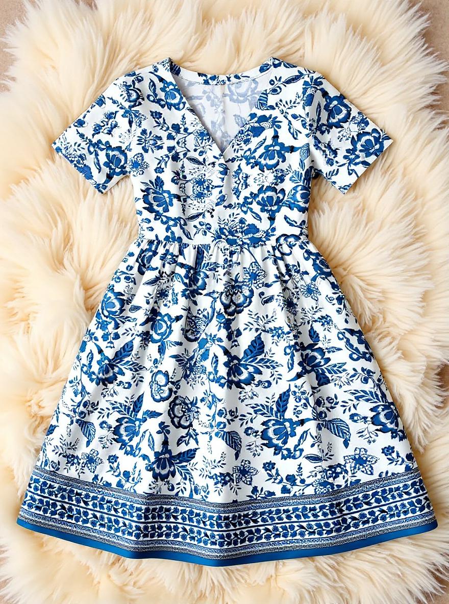 Boho V-neck midi dress in [color] with Hawaiian-inspired floral print, styled for beach vacation and wedding guest wear — view 7a