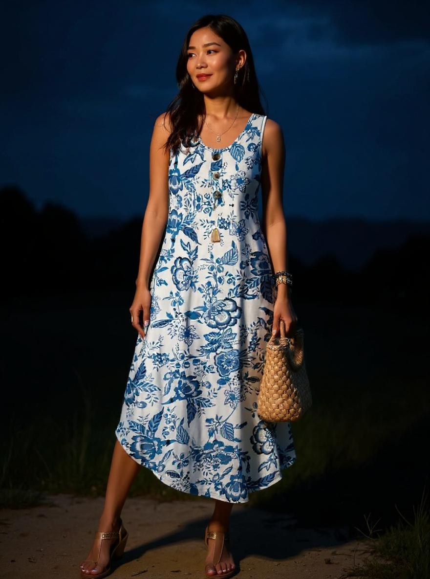 Button front sleeveless midi dress in [color] with pockets, styled for beach vacation — view 5a
