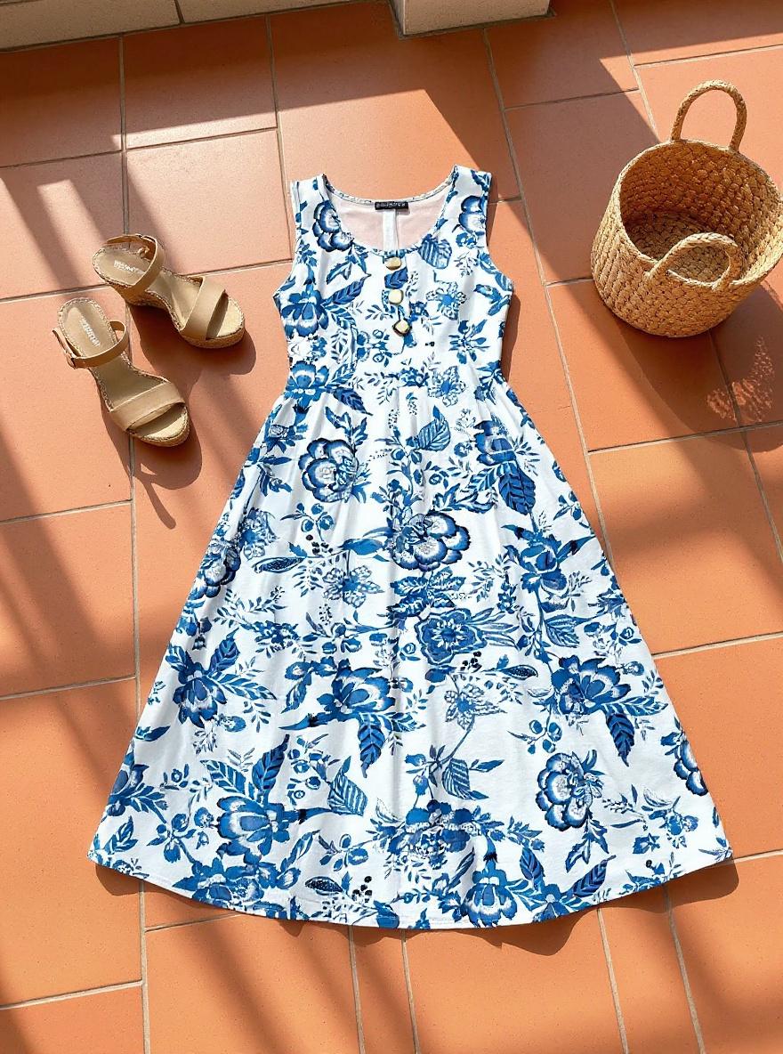 Button front sleeveless midi dress in [color] with pockets, styled for beach vacation — view 7a