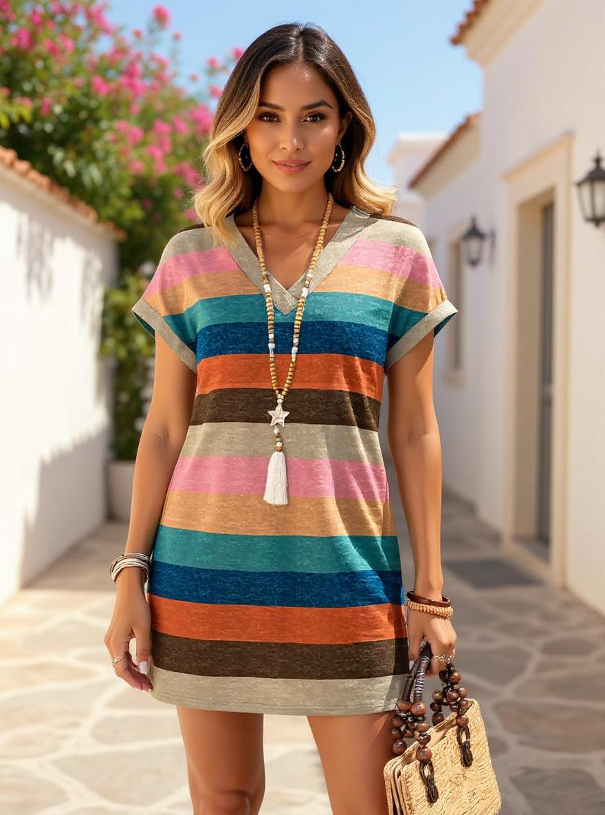 Casual t-shirt dress in [color] worn at [beach/casual/wedding guest setting], minimalist summer style — editorial hero