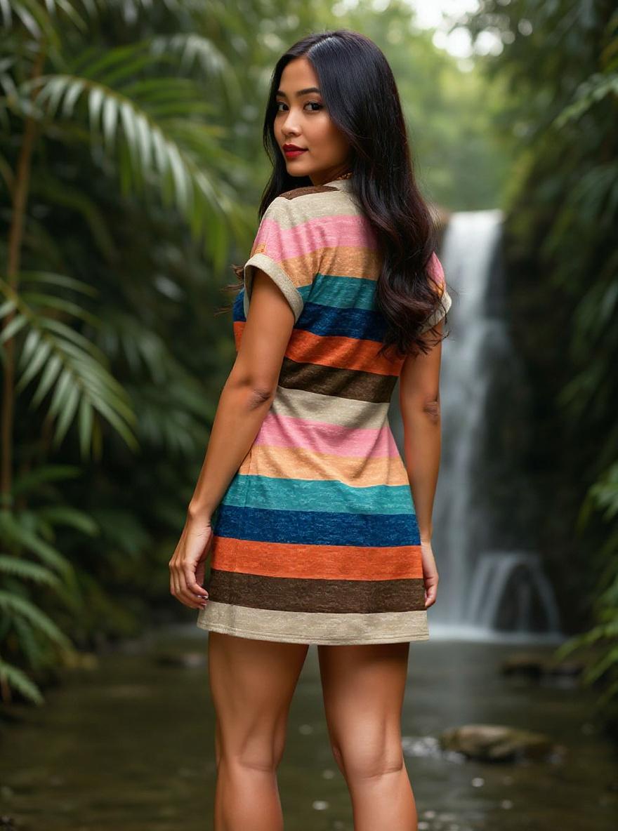 Casual t-shirt dress in [color] worn at [beach/casual/wedding guest setting], minimalist summer style — view 3b