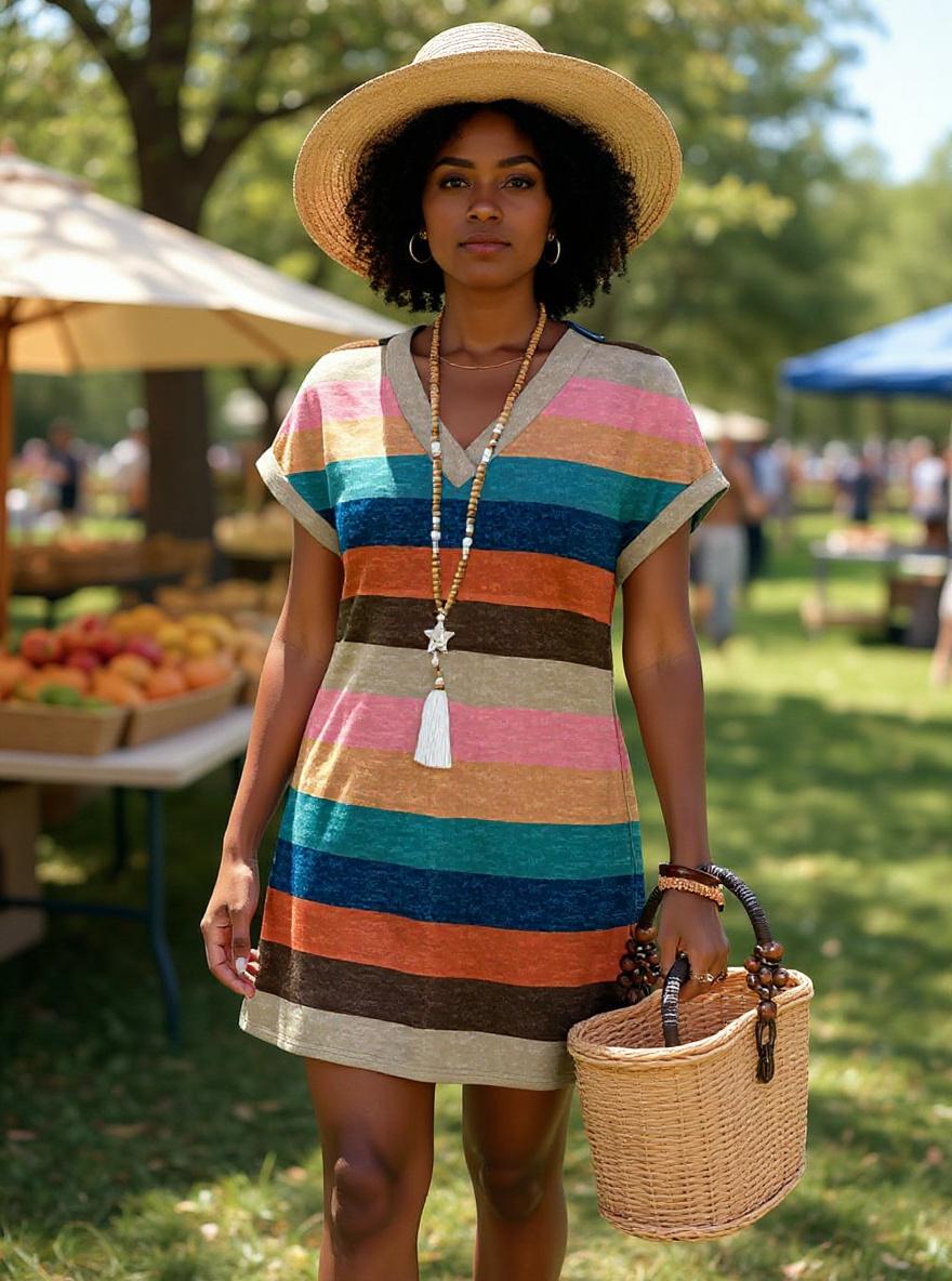 Casual t-shirt dress in [color] worn at [beach/casual/wedding guest setting], minimalist summer style — view 2