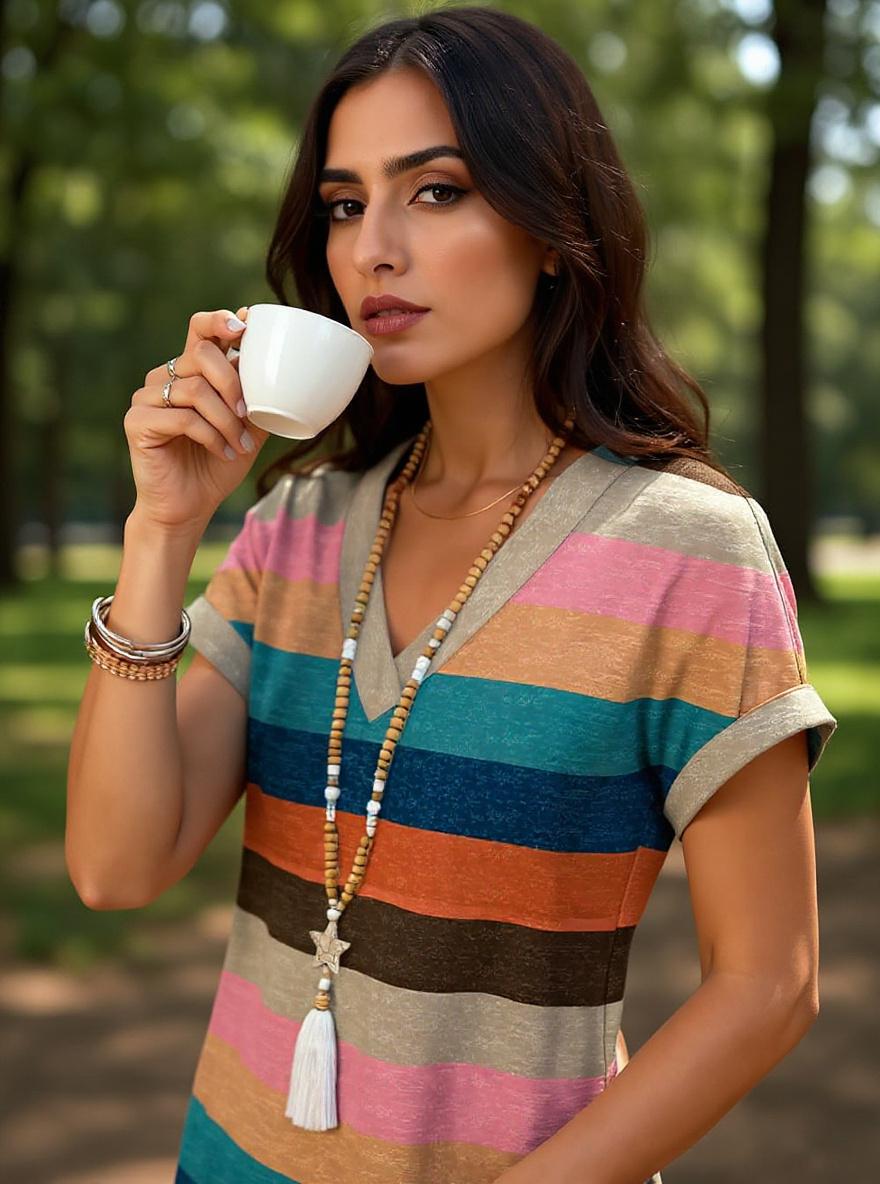 Casual t-shirt dress in [color] worn at [beach/casual/wedding guest setting], minimalist summer style — view 6