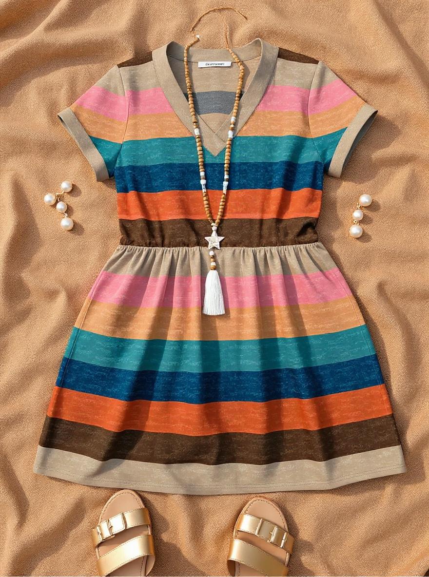 Casual t-shirt dress in [color] worn at [beach/casual/wedding guest setting], minimalist summer style — view 7a