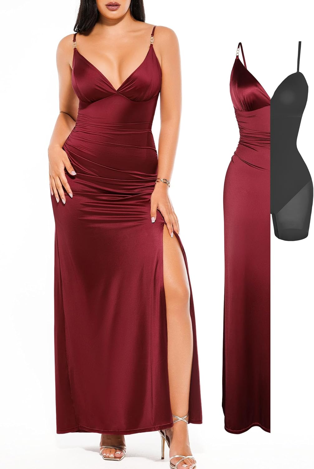 Popilush Women's Sexy Maxi Dress Deep V Neck Ruched Shapewear Dresses Side Slit Formal Cocktail Party Dress