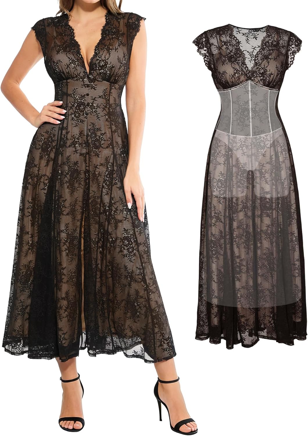 Popilush Women's Lace Formal Cocktail Sleeveless V Neck Maxi Shapewear Dress Wedding Guest Mother of Bride Split Dresses