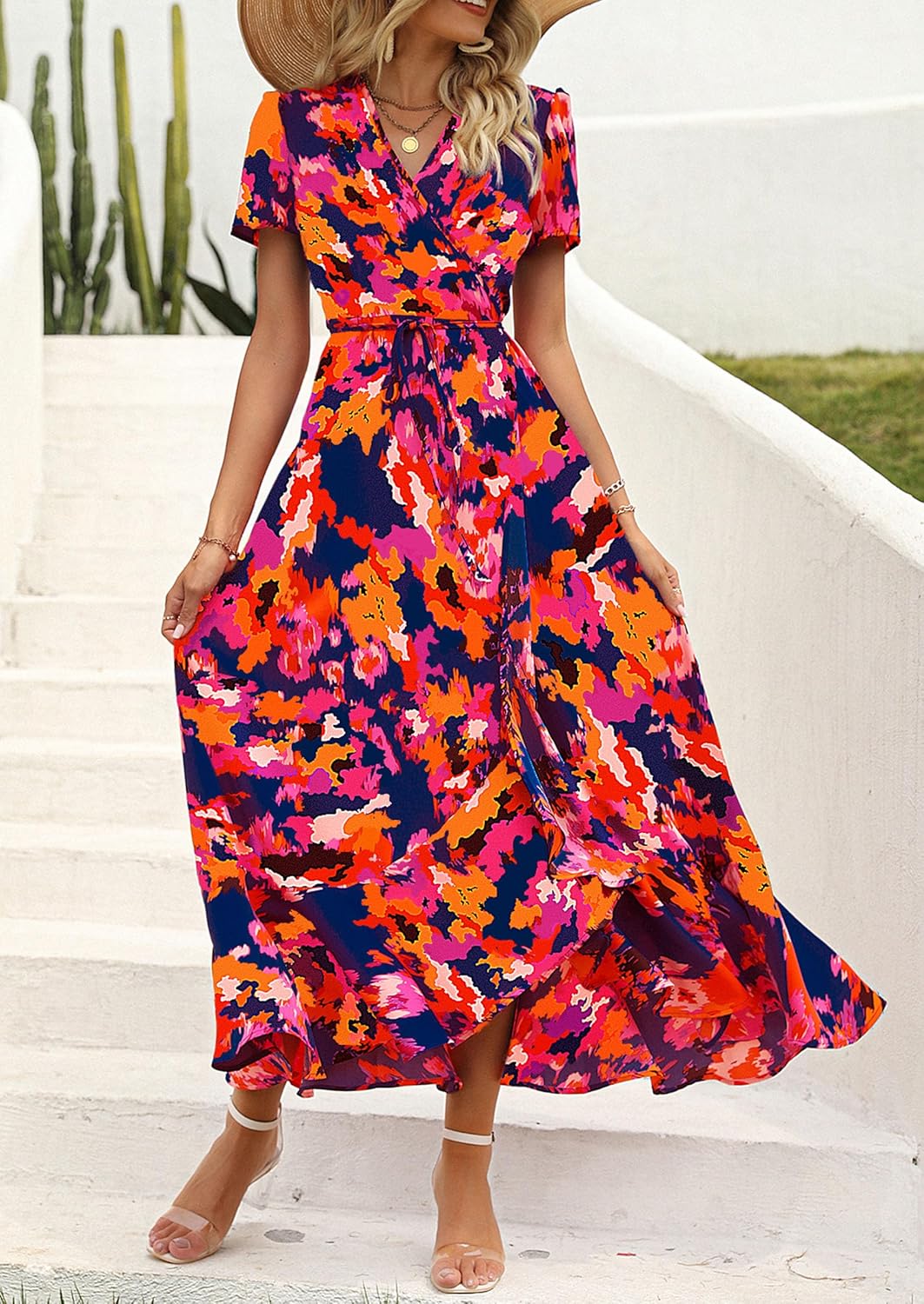PRETTYGARDEN women's boho floral wrap V-neck maxi dress — view 3
